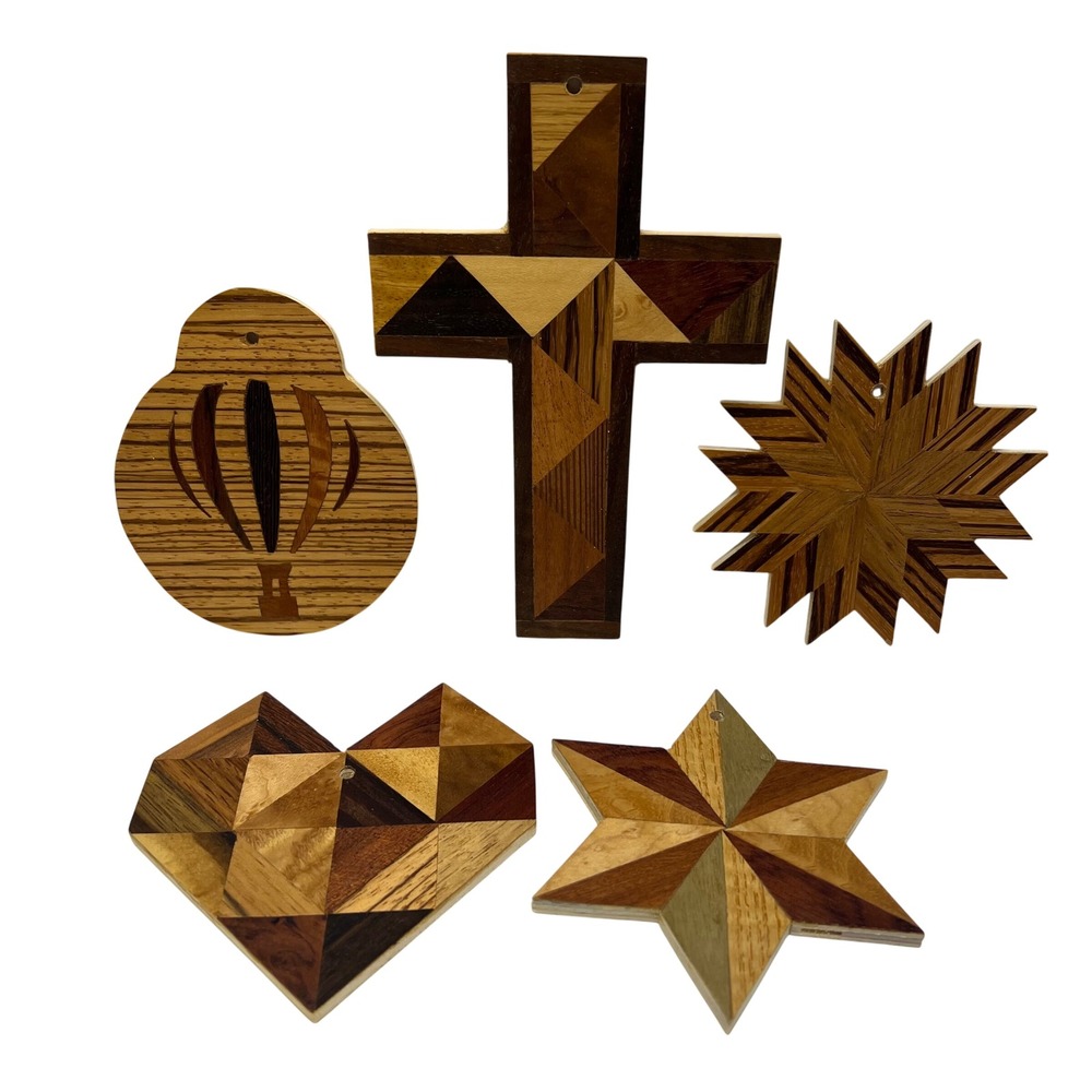 Handmade Maquetry Wooden‎ Inlay Art Ornaments Hot Air Balloon Cross Star Heart
